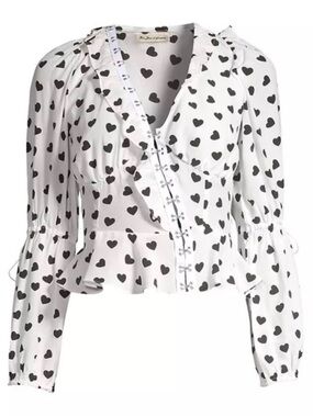 For Love & Lemons White Blouse with Black Heart Print and Ruffle Peplum